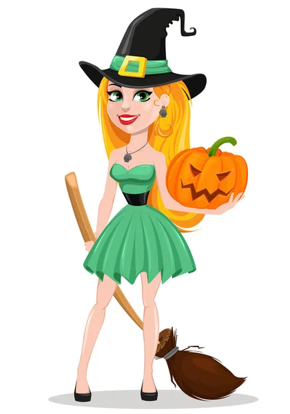 Halloween gratulationskort. Vackra lady witch bär pilgrim ha — Stock vektor