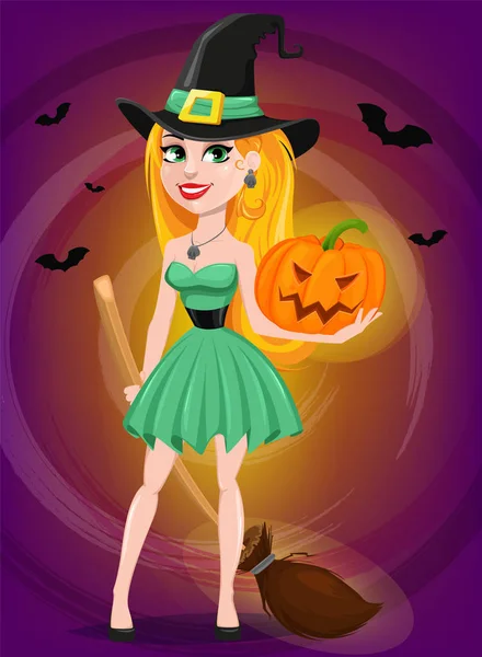 Carte de vœux Halloween. Belle sorcière portant pèlerin ha — Image vectorielle