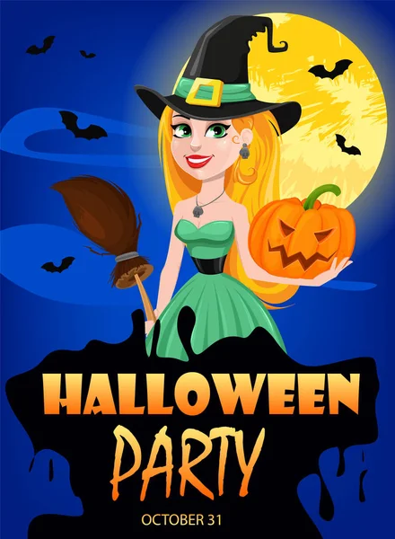 Halloween gratulationskort. Vackra lady witch bär pilgrim ha — Stock vektor
