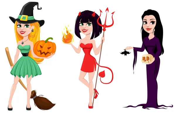 Halloween. Set van drie meisjes voor vakantie, heksen en duivel gir — Stockvector