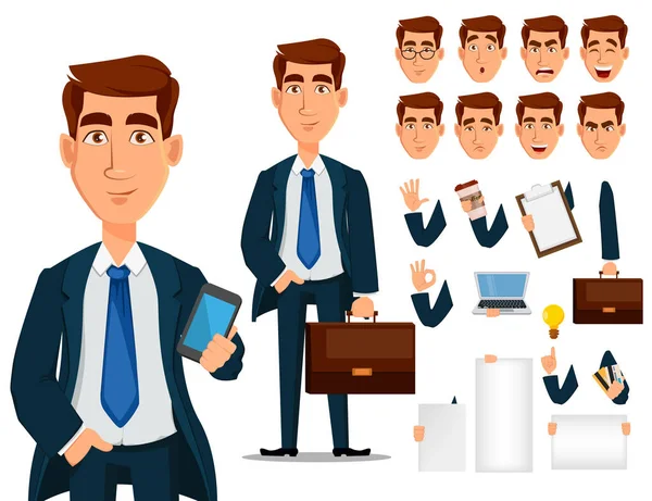 Homem de negócios em terno formal, conjunto de criação de personagens de desenhos animados . —  Vetores de Stock