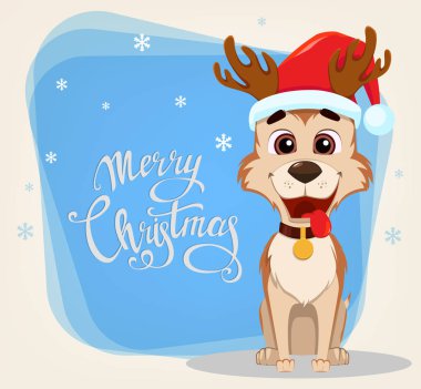 Neşeli Noel tebrik kartı. Sevimli köpek Noel Baba şapkası 