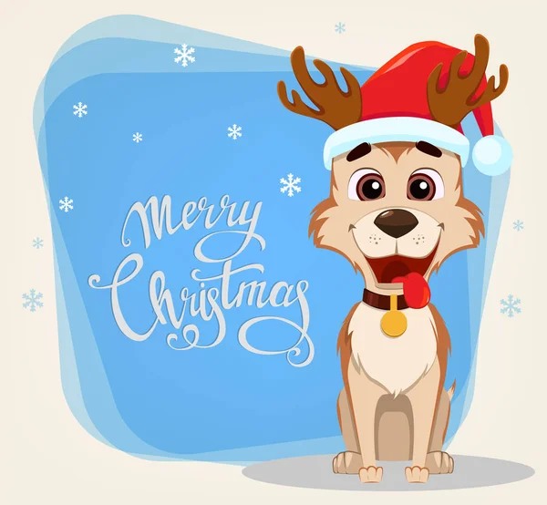 메리 크리스마스 인사말 카드입니다. 산타 클로스 모자를 쓰고 귀여운 강아지 — 스톡 벡터