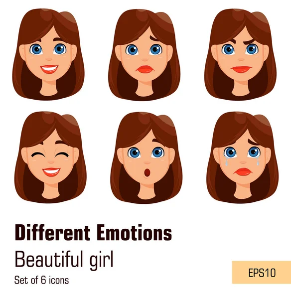 Vrouw met verschillende gezichtsuitdrukkingen. Aantrekkelijke jongedame w — Stockvector