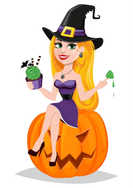 Halloween üdvözlőlap. Lenner boszorkány visel zarándok hektár — Stock Vector
