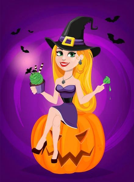 Tarjeta de felicitación de Halloween. Hermosa dama bruja vistiendo peregrino ha — Vector de stock