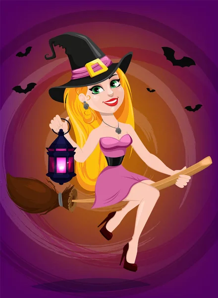 Halloween üdvözlőlap. Lenner boszorkány repül a seprű egy — Stock Vector