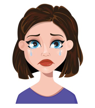 Ağlayan kadın. Kadın duygu, yüz ifadesi. Sevimli çizgi karakter