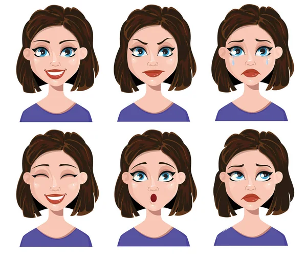 Espressione facciale di una donna. Diverse emozioni femminili impostate . — Vettoriale Stock