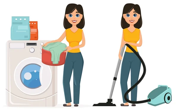 Femme au foyer lave les vêtements dans la machine à laver aspirant la maison w — Image vectorielle
