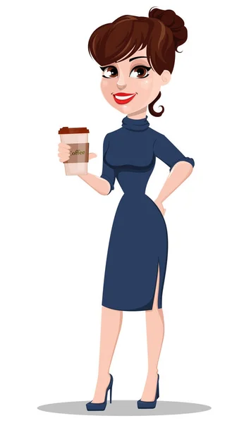 Junge Zeichentrickunternehmerin. schöne Dame mit einer Tasse Kaffee — Stockvektor