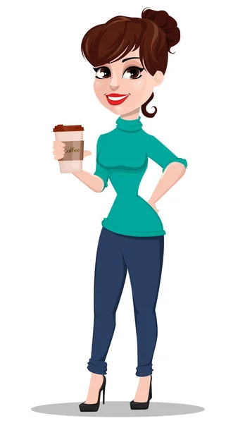 Jeune femme d'affaires de dessin animé. Belle dame tenant tasse de café — Image vectorielle