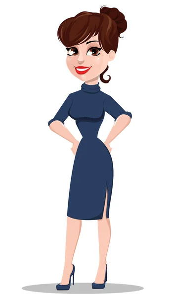 Young cartoon businesswoman. Beautiful lady standing with hands — Stock Vector