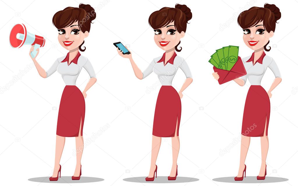 Young cartoon businesswoman set. Beautiful lady with loudspeaker
