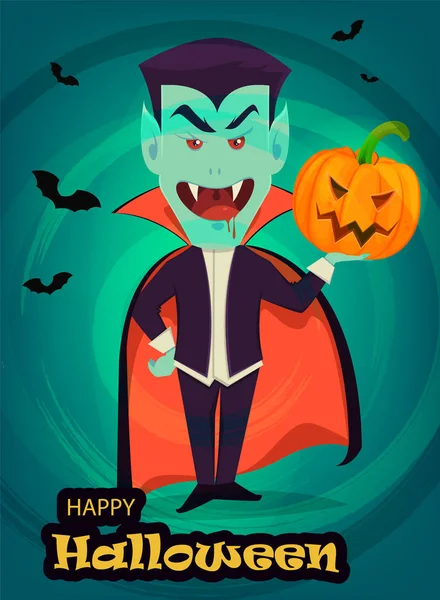 Tarjeta de invitación o felicitación de Halloween. Divertido vampiro sosteniendo pum — Vector de stock