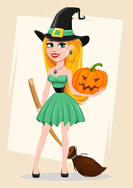 Halloween wenskaart. Mooie dame heks dragen pelgrim ha — Stockvector