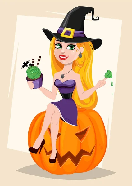 Tarjeta de felicitación de Halloween. Hermosa dama bruja vistiendo peregrino ha — Archivo Imágenes Vectoriales