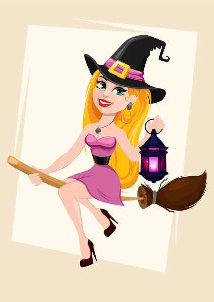 Halloween üdvözlőlap. Lenner boszorkány repül a seprű egy — Stock Vector