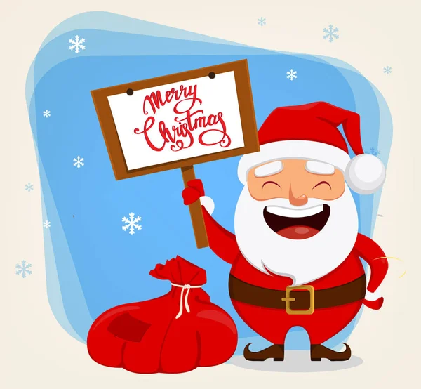 Lächelnder Weihnachtsmann mit Geschenken und Plakat mit Gruß — Stockvektor