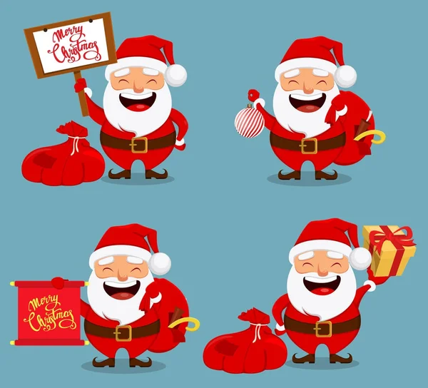 Lächelnder Weihnachtsmann mit Geschenken und Schriftrolle mit Grüßen — Stockvektor