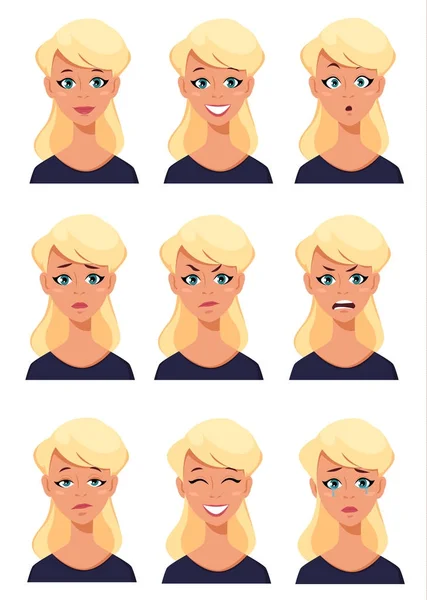 Expresiones faciales de una mujer rubia. Diferentes emociones femeninas se — Vector de stock