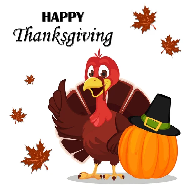 Thanksgiving wenskaart met een Turkije vogel staande in de buurt van pomp — Stockvector