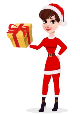 Neşeli Noel tebrik kartı. Noel Baba costu güzel kadın
