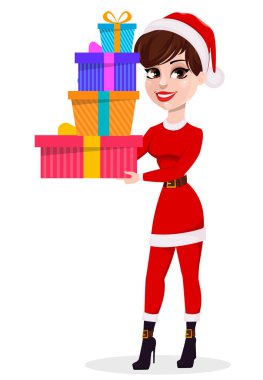 Neşeli Noel tebrik kartı. Noel Baba costu güzel kadın