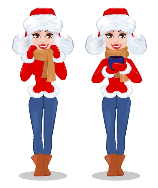 Beautiful woman in winter clothes, set of two poses. — Stock Vector