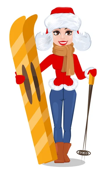 Belle femme en vêtements d'hiver tenant des skis . — Image vectorielle