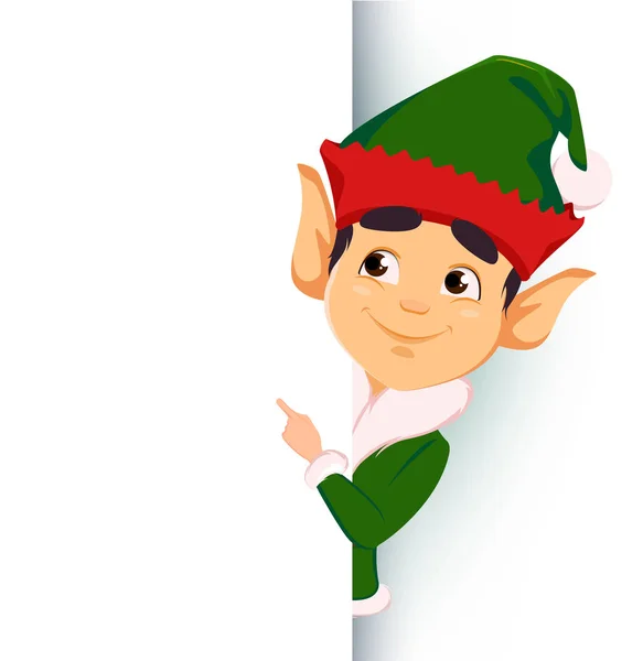 Elf στέκεται πίσω από ένα σημάδι και δείχνει στο κενό πλακάτ — Διανυσματικό Αρχείο