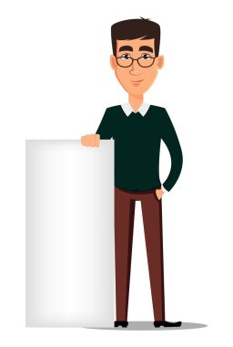 Genç işadamı smart casual giyim gülümseyen yakışıklı stand