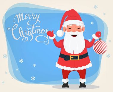 Mutlu Noeller ve mutlu yeni yıl tebrik kartı Santa Noel ağacı süsle tutan gülümseyen