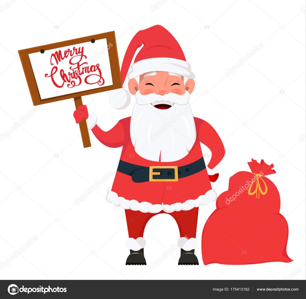 Carteles de papa noel graciosos | Papá Noel de pie junto a la bolsa con