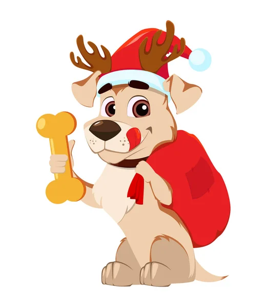 산타 클로스 모자와 사슴 뿔 가방 w 들고 입고 재미 있는 개 — 스톡 벡터