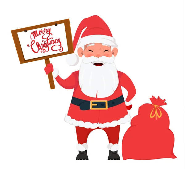 Weihnachtsmann steht neben Tüte mit Geschenken und hält Plakat hoch — Stockvektor