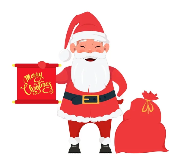 Der Weihnachtsmann steht neben einer Tüte mit Geschenken und hält ein rotes Plakat in der Hand. — Stockvektor