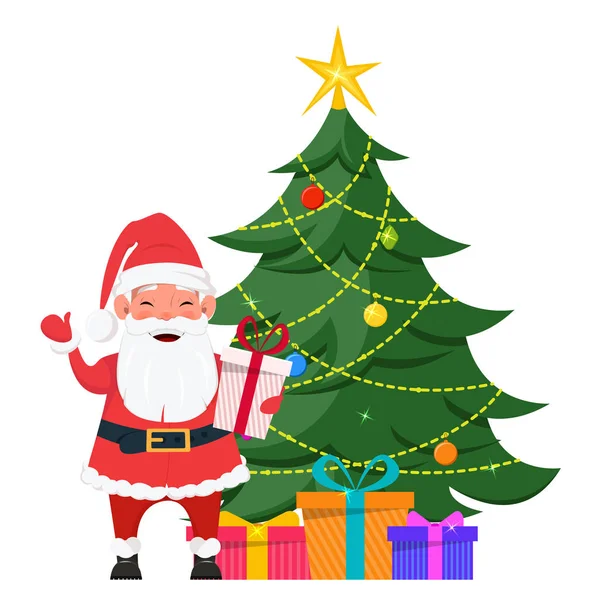 Weihnachtsmann steht neben Weihnachtsbaum mit Geschenken darunter — Stockvektor