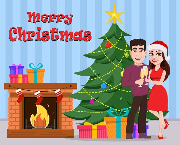 Joyeux Noël carte de vœux avec jeune couple mignon . — Image vectorielle