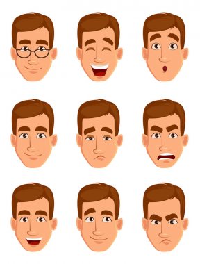 Kahverengi saçlı adamı yüz ifadeleri