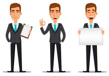 İş adam çizgi film karakteri. Genç işadamı işinde gülümseyen yakışıklı pano ile ok işaret gösteren ve boş afişini tutan uygun. Ayarlayın. Vektör çizim