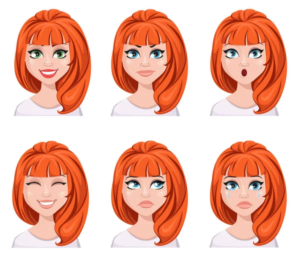 Expressions faciales d'une rousse. Différentes émotions féminines , — Image vectorielle