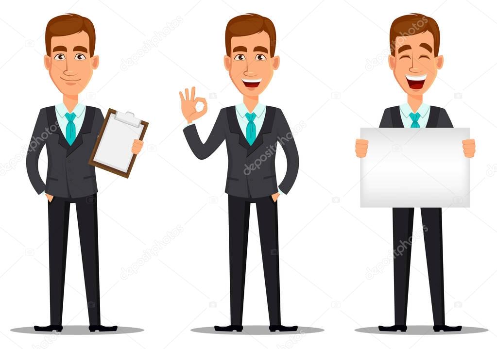 Business man cartoon character. Young handsome smiling businessman in business suit with clipboard, showing ok sign and holding blank placard. Set. Vector illustration