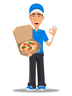 Teslimatçı açılan pizza kutusu tutan mavi üniformalı gülümseyen