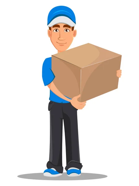 Sorrindo homem de entrega em azul uniforme segurando grande caixa de papelão — Vetor de Stock