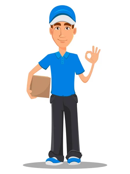 Smiling delivery man in blue uniform — Stock Vector