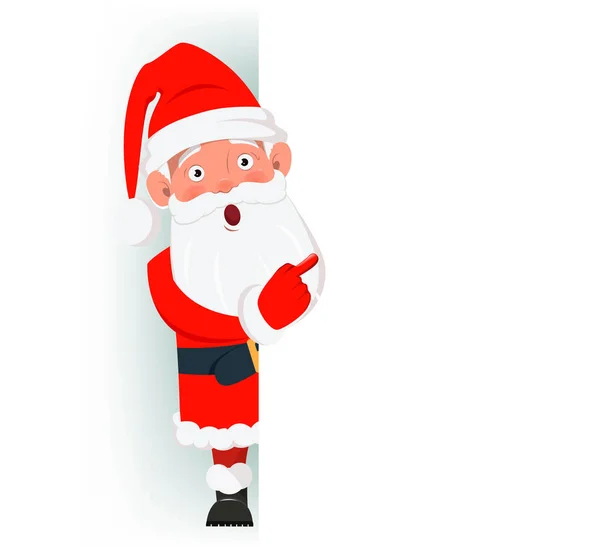Überrascht Weihnachtsmann, der hinter einem Schild steht und auf blan zeigt — Stockvektor