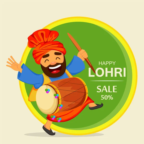 Divertido hombre Sikh bailando con tambor celebrando vacaciones — Vector de stock