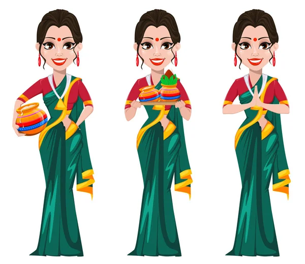 Indian girl standing with pots and with folded hands.Set — Stock Vector