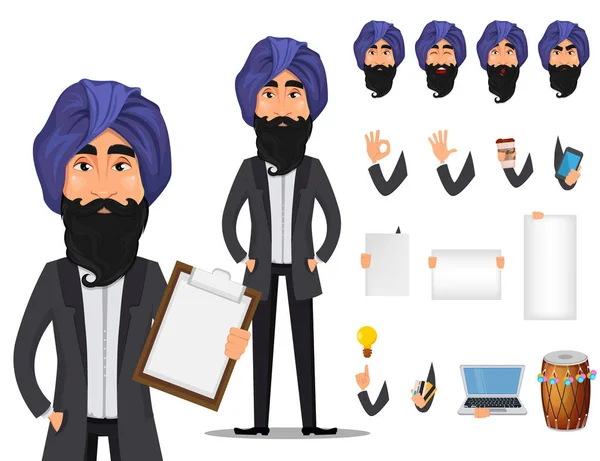 India hombre de negocios de dibujos animados personaje creación conjunto — Vector de stock